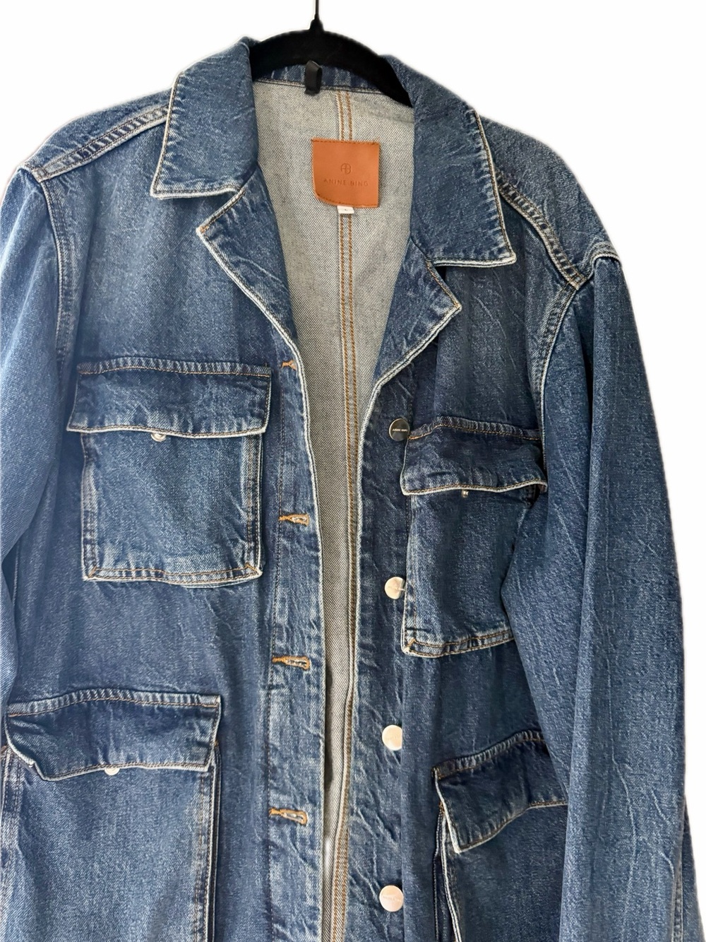 Anine Bing Denim Jacket Utility Blue Oversized Pockets Button Front - Picture 2 of 5